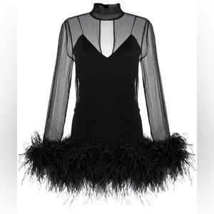 Taller Marmo feather-trim long-sleeve mini dress made in Italy in Black NWT